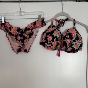 Floral Print Women's Bikini Set - Black and Pink